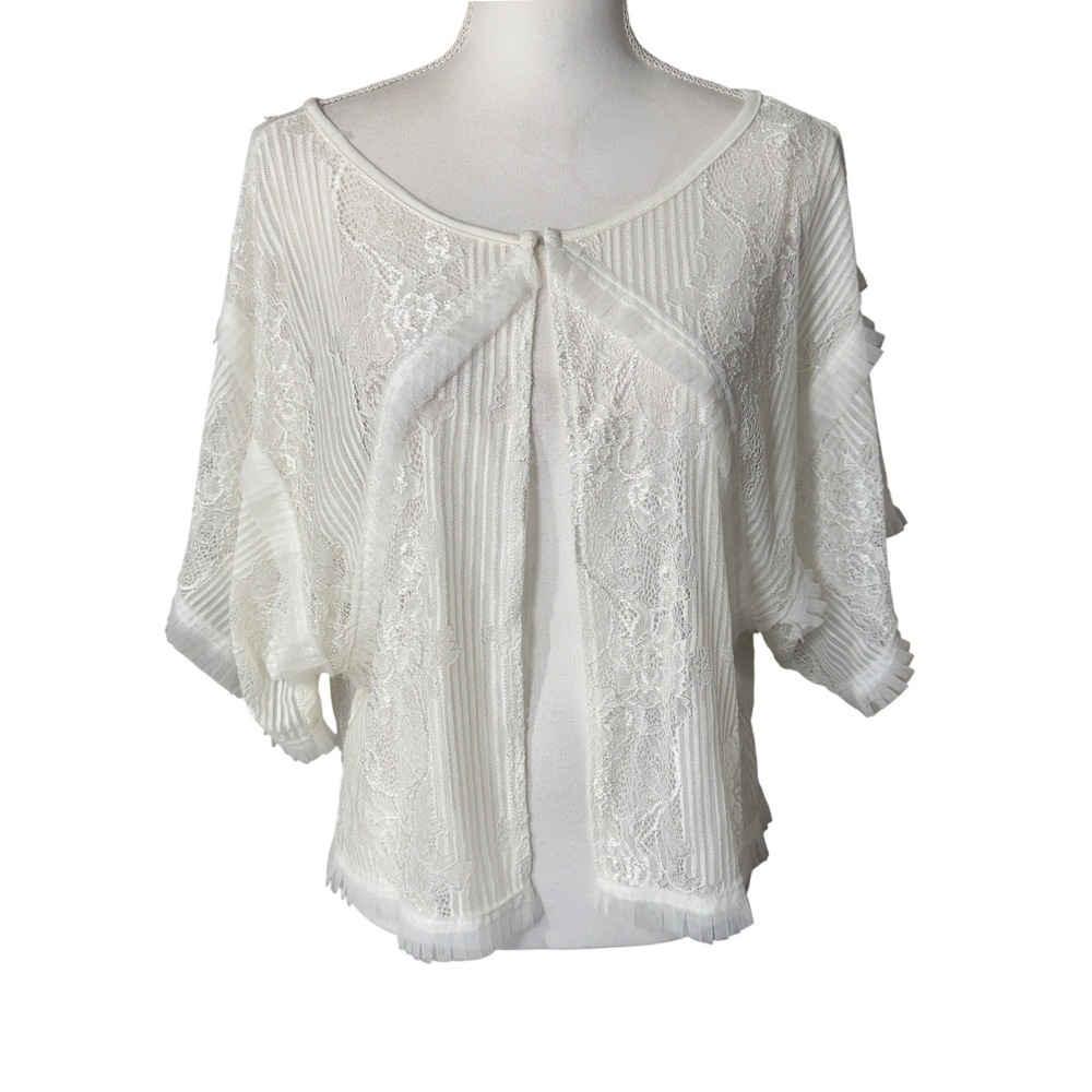 White Floral Lace Sheer Open Front Cardigan Cape Shrug with‎ Pleated Trim Medium